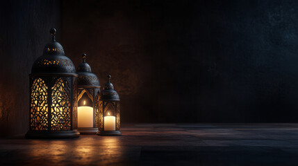 Fototapeta premium Islamic Lanterns Glowing in Dark Elegant Setting – Islamic Festive Background