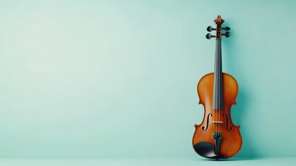 Violin rests against pastel blue wall; music, studio backdrop