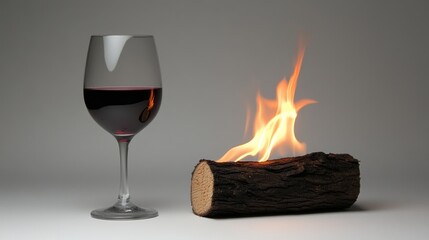 Studio shot Wine glass, burning log, fire, romantic ambiance, drink, relaxation