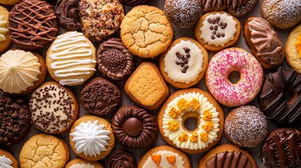 close up of chocolate candies and donuts 