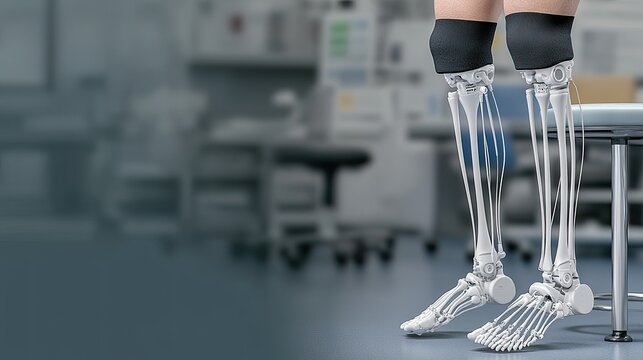 Prosthetic leg fitted with a shoe is positioned in a clinic, highlighting rehabilitation efforts in a contemporary space - Powered by Adobe