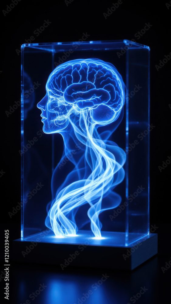 Aufkleber a detailed anatomical model of a human head with illuminated brain circuitry, showcasing advanced te