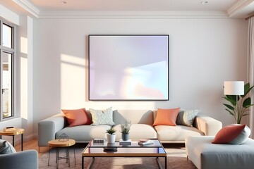 Blueprint project draft, frame mockup, wooden nordic living room with parquet and arched walls, sofa, carpet, lamp, rattan table, potted plants. Modern scandinavian interior design, 3d illustration