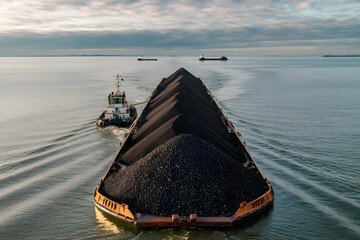coal shipment by sea, Tugboat ship pulls barge full of coal like mountains it pulls.