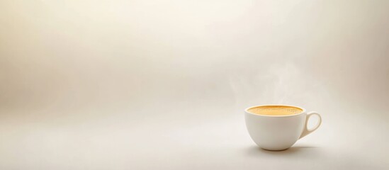 Steaming coffee cup on white background, bright studio lighting, beverage advertisement