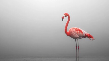 Fototapeta premium Pink flamingo standing in foggy lagoon, wildlife scene