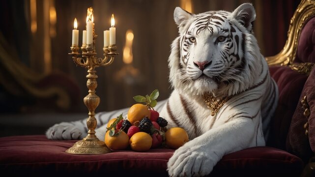 A majestic white tiger rests beside a lavish display of fruits and a golden candelabra.