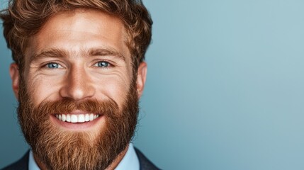 Fototapeta premium Smiling young businessman with a thick brown beard and blue eyes looking at the camera against a blue background.