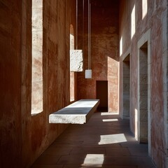 A 3:4 minimalist layout with rich red tones and delicate shadowed textures forming an understated, elegant design