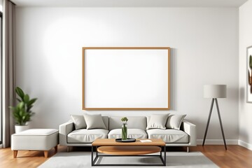 Blueprint project draft, frame mockup, wooden nordic living room with parquet and arched walls, sofa, carpet, lamp, rattan table, potted plants. Modern scandinavian interior design, 3d illustration