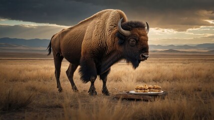 A bison curiously approaches a tray of muffins in a vast, grassy landscape under dramatic skies.