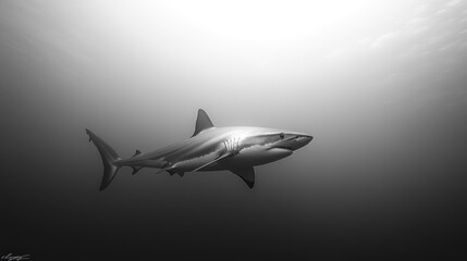 Oceanic shark swimming, backlit, deep ocean, wildlife documentary