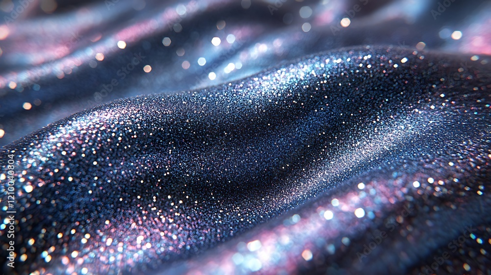 Poster celestial silk: shimmering waves of iridescent fabric, reminiscent of a star-dusted night sky, creat