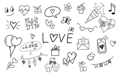Cute romantic doodle set. Hand drawn elements. Line art. Latter with hearts, cake, flowers, balloon, gift boxes, smile, teddy bear. Valentine`s day, romantic, love concept.
