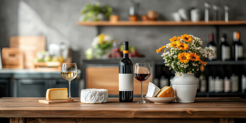 Sophisticated wine and cheese setup with flowers on wooden table