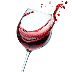 A tipped-over wine glass with red wine spilling, isolated on white.