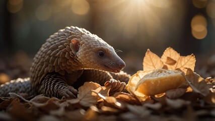 Obraz premium A pangolin forages among autumn leaves, captivated by a piece of food.