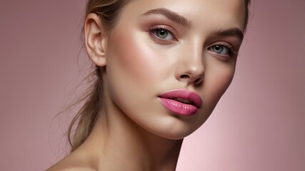 Close up portrait of a woman with radiant skin and vibrant pink lips against a soft pink background