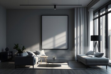 Blueprint project draft, frame mockup, wooden nordic living room with parquet and arched walls, sofa, carpet, lamp, rattan table, potted plants. Modern scandinavian interior design, 3d illustration