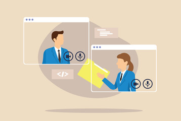 Virtual collaboration illustration featuring professionals sharing files video call.
 Ideal for concepts like remote work, online meetings, teamwork, file sharing, digital communication, and business.