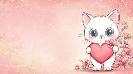 Fototapeta premium Cute cartoon cat holding a heart with sparkles and flowers on a pastel pink Valentine's Day background.