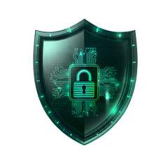 A 3D cyber shield that combines high-tech elements with a digital matrix on transparent background