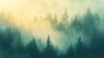Fototapeta premium Nature background with sunlit forest glades covered in morning mist