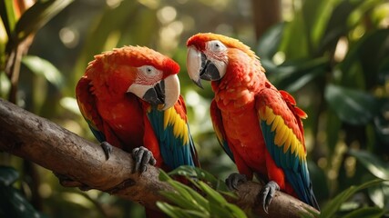 Two vibrant parrots perched on a branch amidst lush greenery.