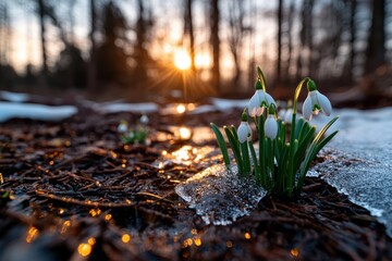 A charming scene of snowdrop flowers blooming amidst patches of melting snow and sunlight filtering through trees, capturing the essence of tranquility and nature's beauty in spring.