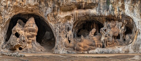 Ancient cave carvings, cliffside, eroded rock, background vegetation, tourism