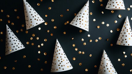 New Year's Eve party hats, champagne glasses, and gold confetti scattered across a black background