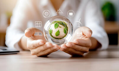 A person holds a transparent sphere containing a small globe and leaves, symbolizing sustainability and eco-friendliness.