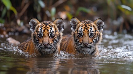 Two adorable tiger cubs in a body of water are looking directly at the camera
