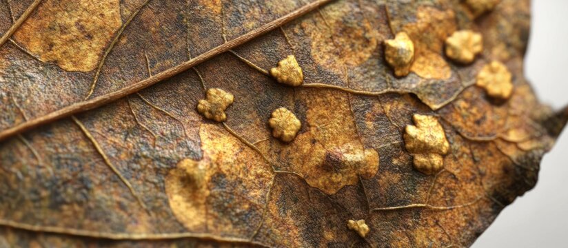 Golden leaf gall macro, autumn, close-up, textured background, nature design