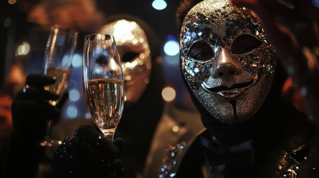 New Year's Eve party with guests wearing glittering masks and holding champagne glasses