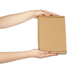 Woman with cardboard parcel box on white background, closeup