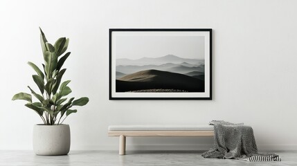 Landscape mockup frame artwork displayed in modern living room environment minimalist viewpoint concept