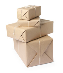 Parcels wrapped in kraft paper isolated on white