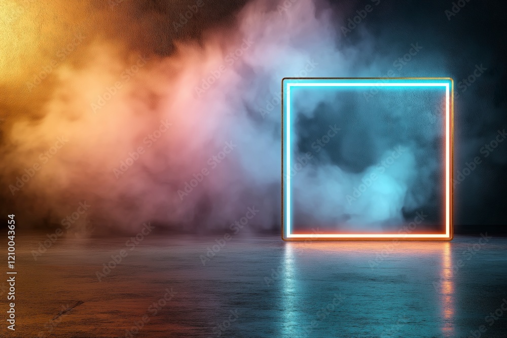 Poster neon square frame surrounded by colorful smoke in a dark environment with reflections on wet floor