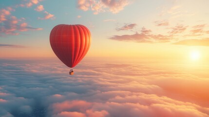 Romantic Red Heart-Shaped Hot Air Balloon Floating Above Clouds at Sunrise with Beautiful Sky and Soft Colorful Clouds, Inspiring Adventure and Love