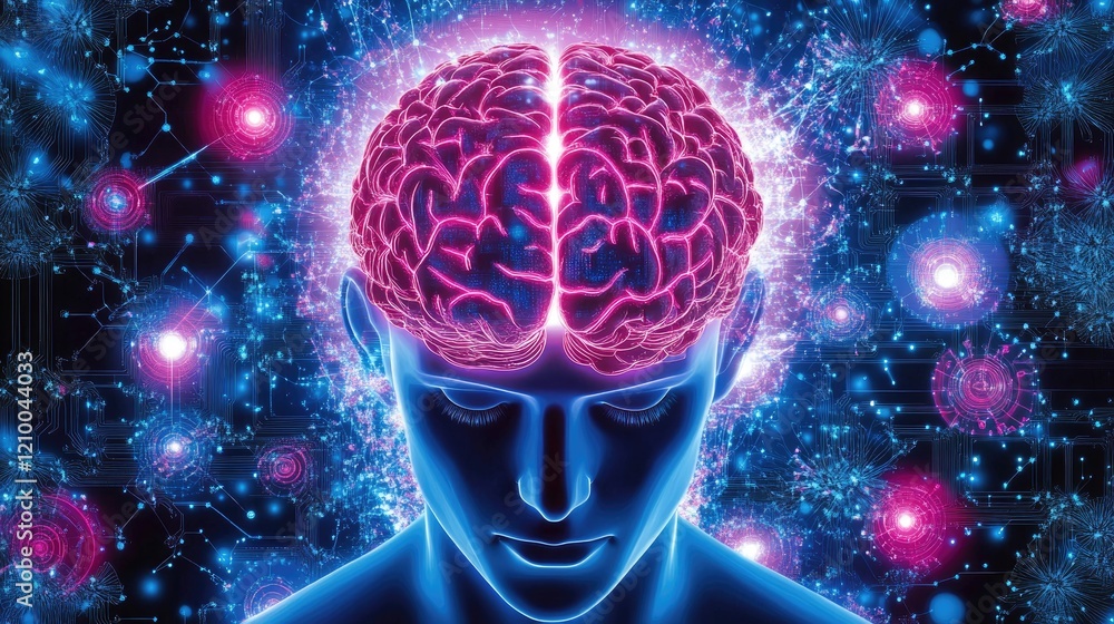 Aufkleber futuristic depiction of a brain with artificial intelligence elements glowing in a cyber background.