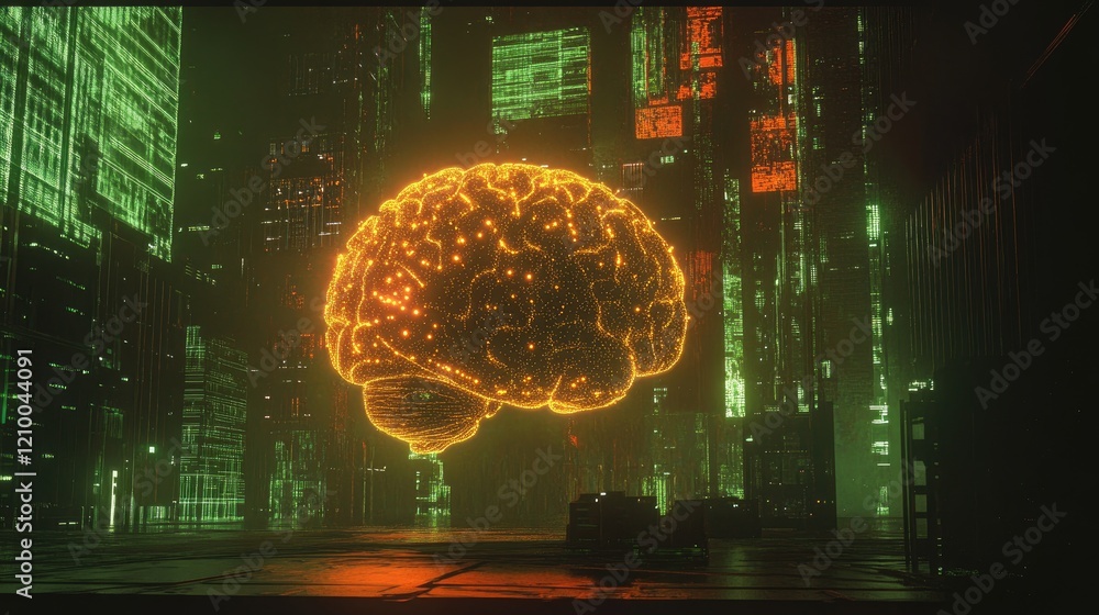 Aufkleber futuristic depiction of a brain with artificial intelligence elements glowing in a cyber background.