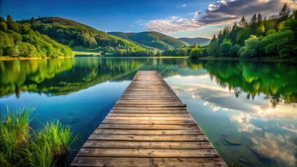 Fototapeta premium Serene Lakeside Wooden Dock Extending to Tranquil Green Waters Reflected by Majestic Mountains Under a Sky of Soft Clouds