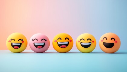Group of smiling emojis with different joyful facial expressions, placed on a soft gradient background that blends soothing pastel colors for a cheerful vibe