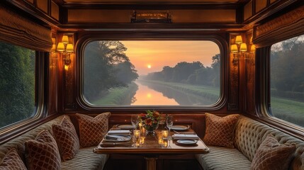 Fototapeta premium Luxury train sunrise canal view dining