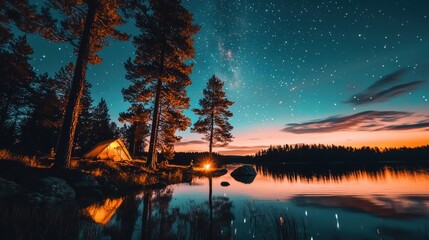 Fototapeta premium Starry Night Lakeside Camping Adventure in Tranquil Forest Wilderness