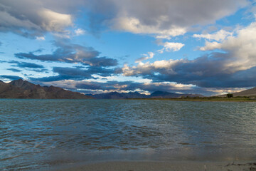 Beautiful landscape with mountains at Pangong Tso, or Pagong Lake, near Merak in the evening, situated on the border with India and China, Leh, Ladakh, India. one of the world's highest brackish water