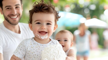 Fototapeta premium Happy father with twins enjoying outdoor party