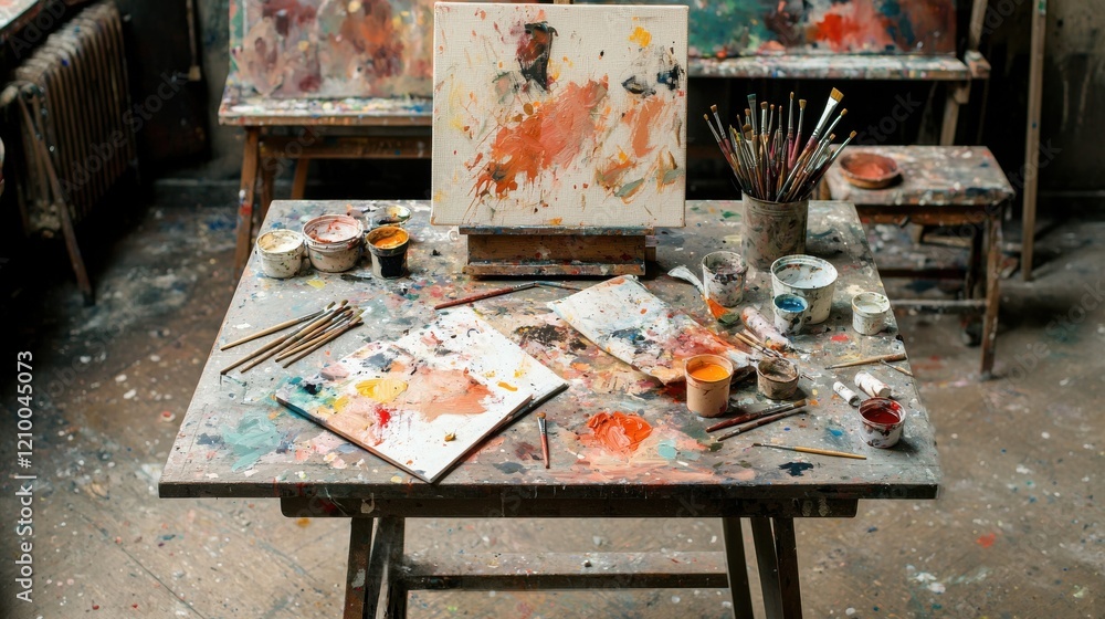 Poster vibrant and eclectic studio with brushes palette and canvases on cluttered workspace