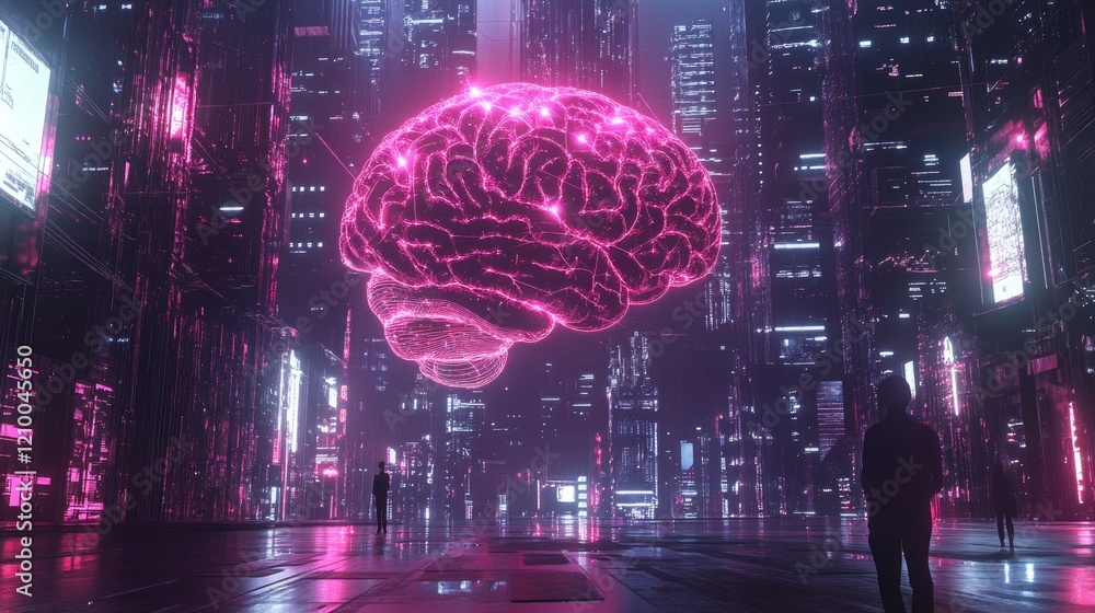 Poster high-tech digital brain with glowing icons and network patterns, representing ai and advanced neural